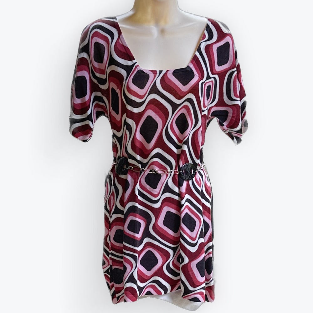 70s-Retro Mod Geometric Scandi Girl Square Neckline Pink/Red Knit Mini Dress ~XS